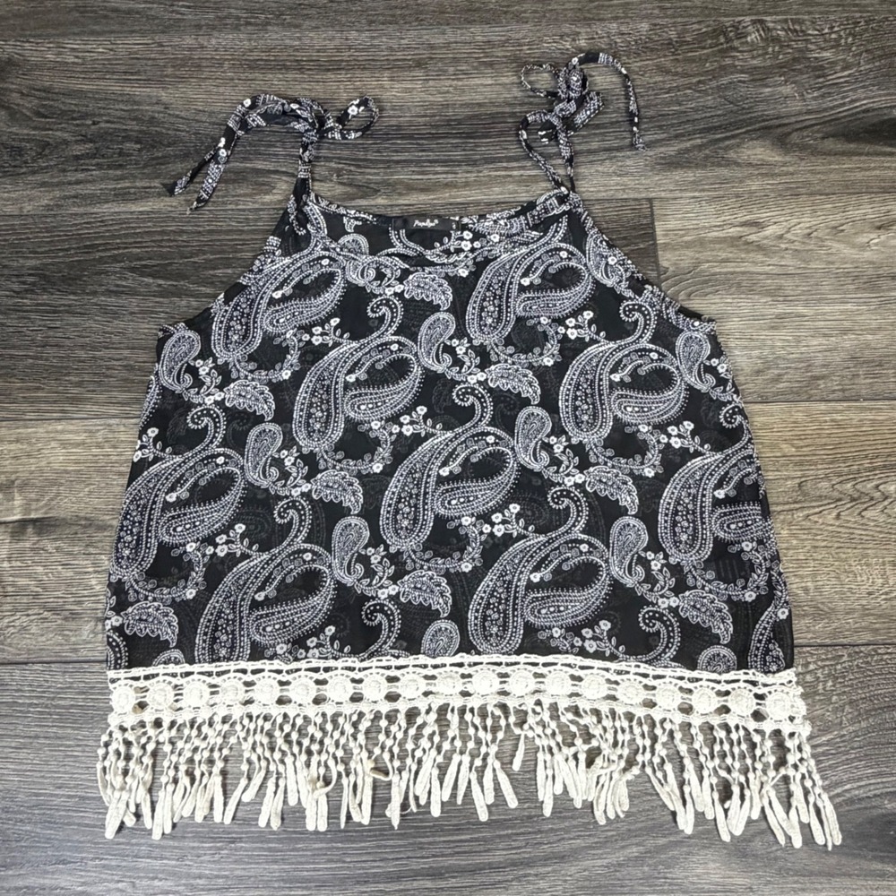 Boho Paisley Crochet Fringe Camisole Top Black Small Summer Festival